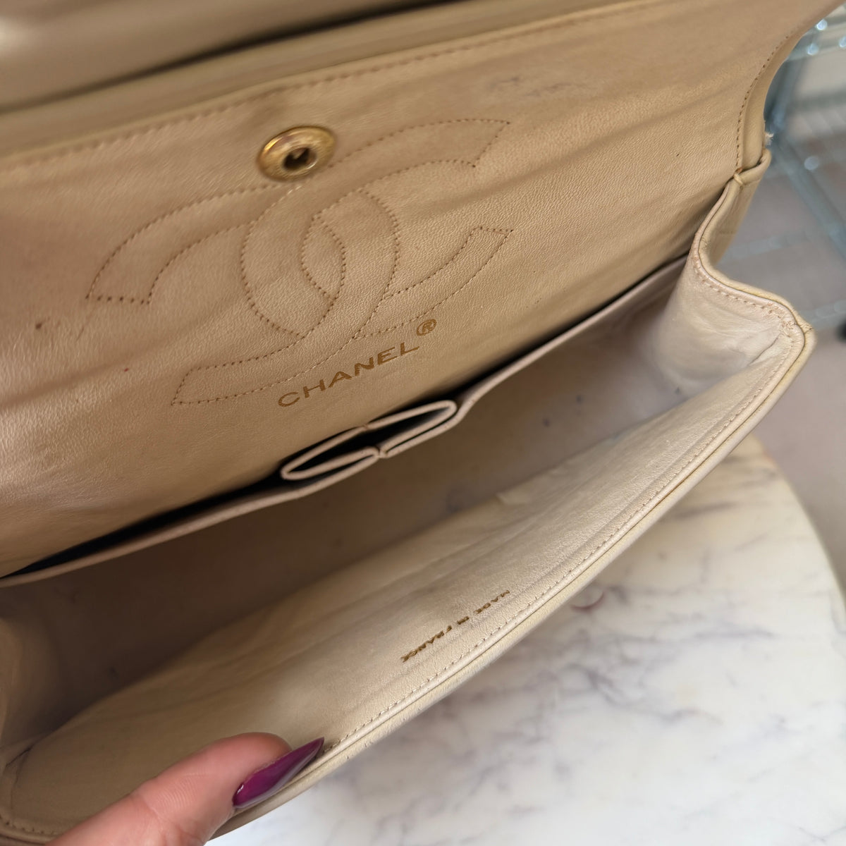 Pre-Owned Beige Matelassé Lambskin Leather Small Classic Double Flap