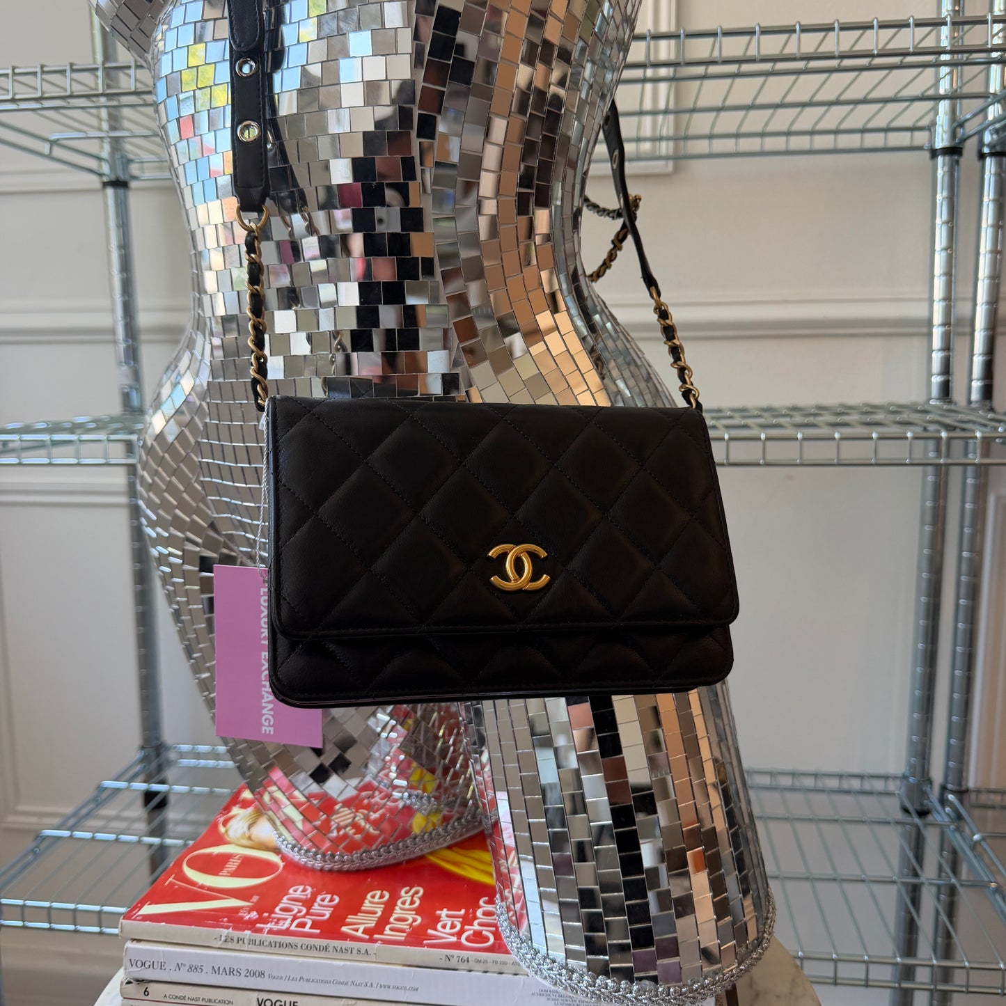 Pre-Owned Black Matelassé Lambskin 'Grommet' Wallet on Chain