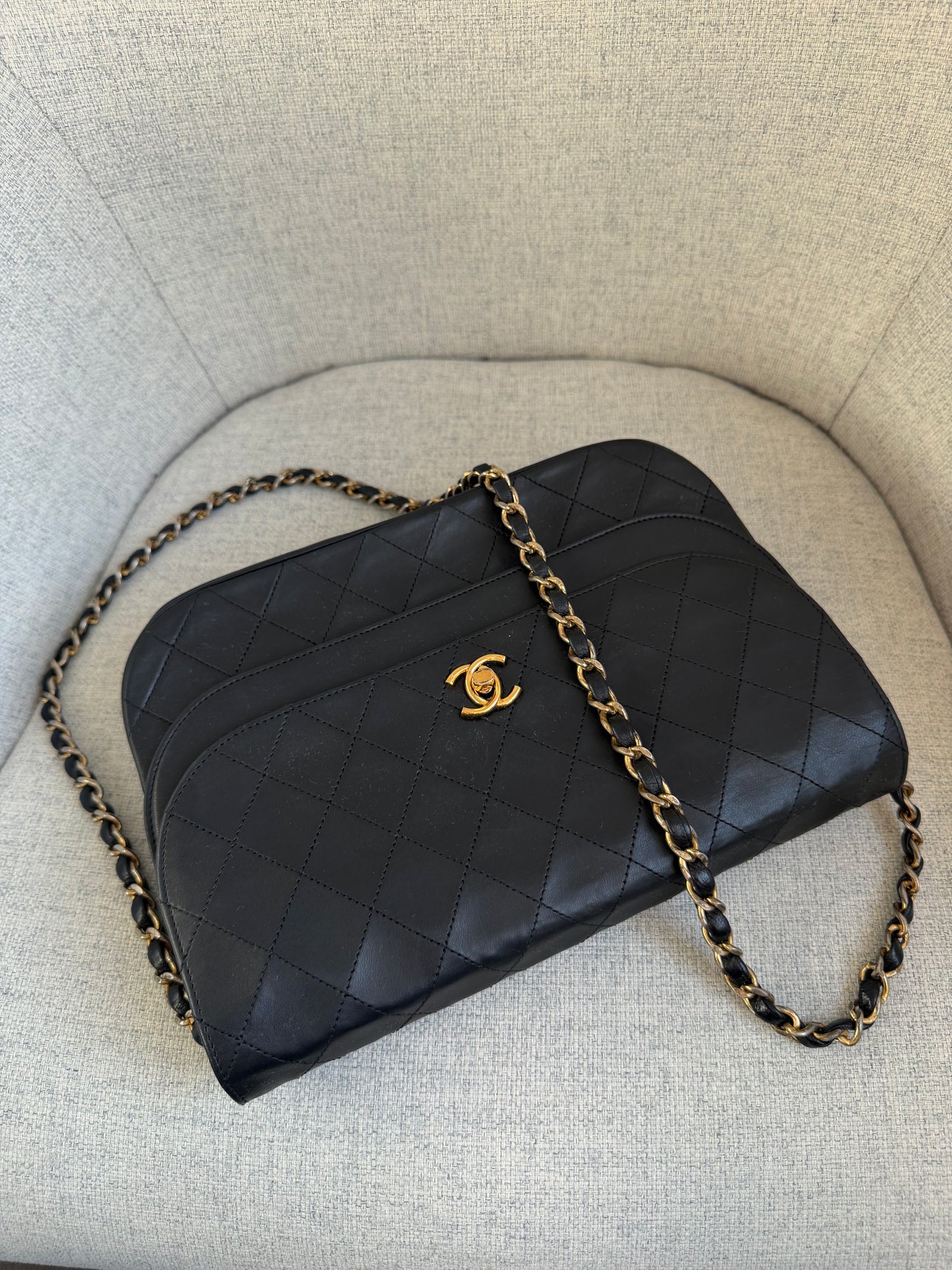 Pre-Owned Black Matelassé Lambskin Halfmoon Double Flap