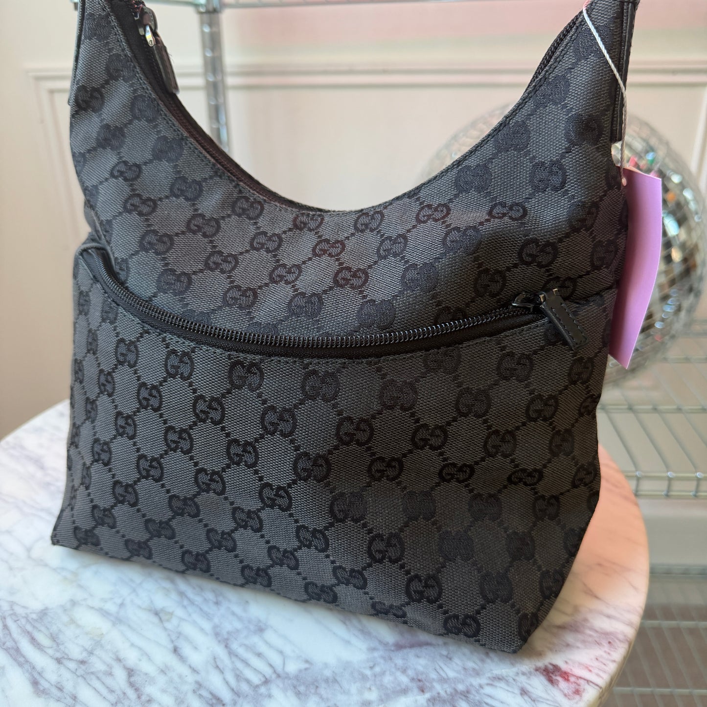 Pre-Owned Black GG Canvas Hobo Shoulder Bag