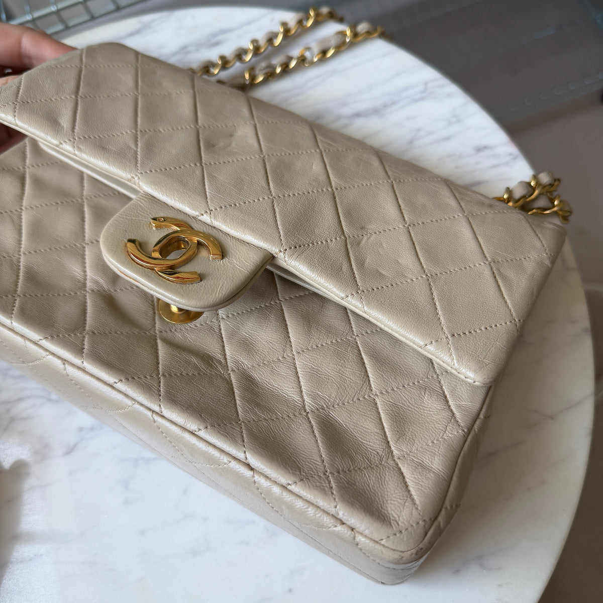 Pre-Owned Beige Matelassé Lambskin Leather Small Classic Double Flap