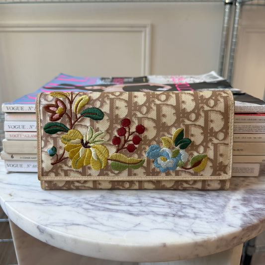 Pre-Owned White Oblique with Flowers Coated Canvas Wallet