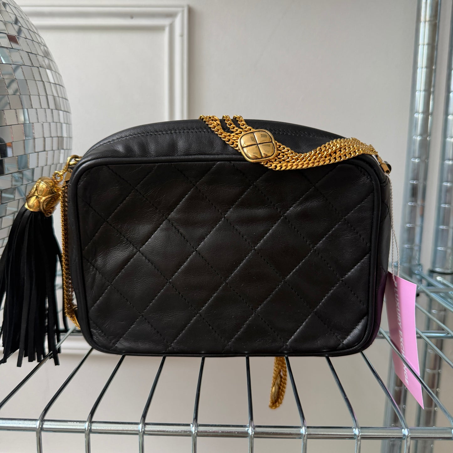 Pre-Owned Black Matelassé Lambskin Leather Multi-Chain Camera Bag