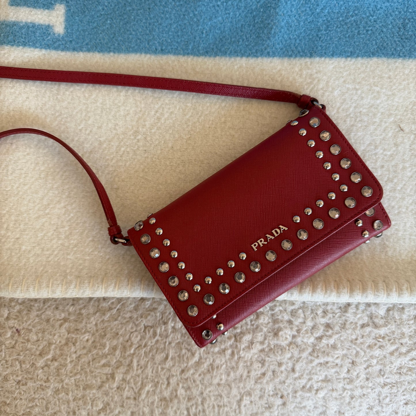Pre-Owned Red Studded Saffiano Leather Wallet on Chain