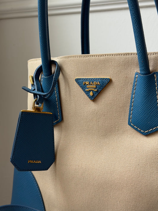 Blue Saffiano Leather & Canapa Tote