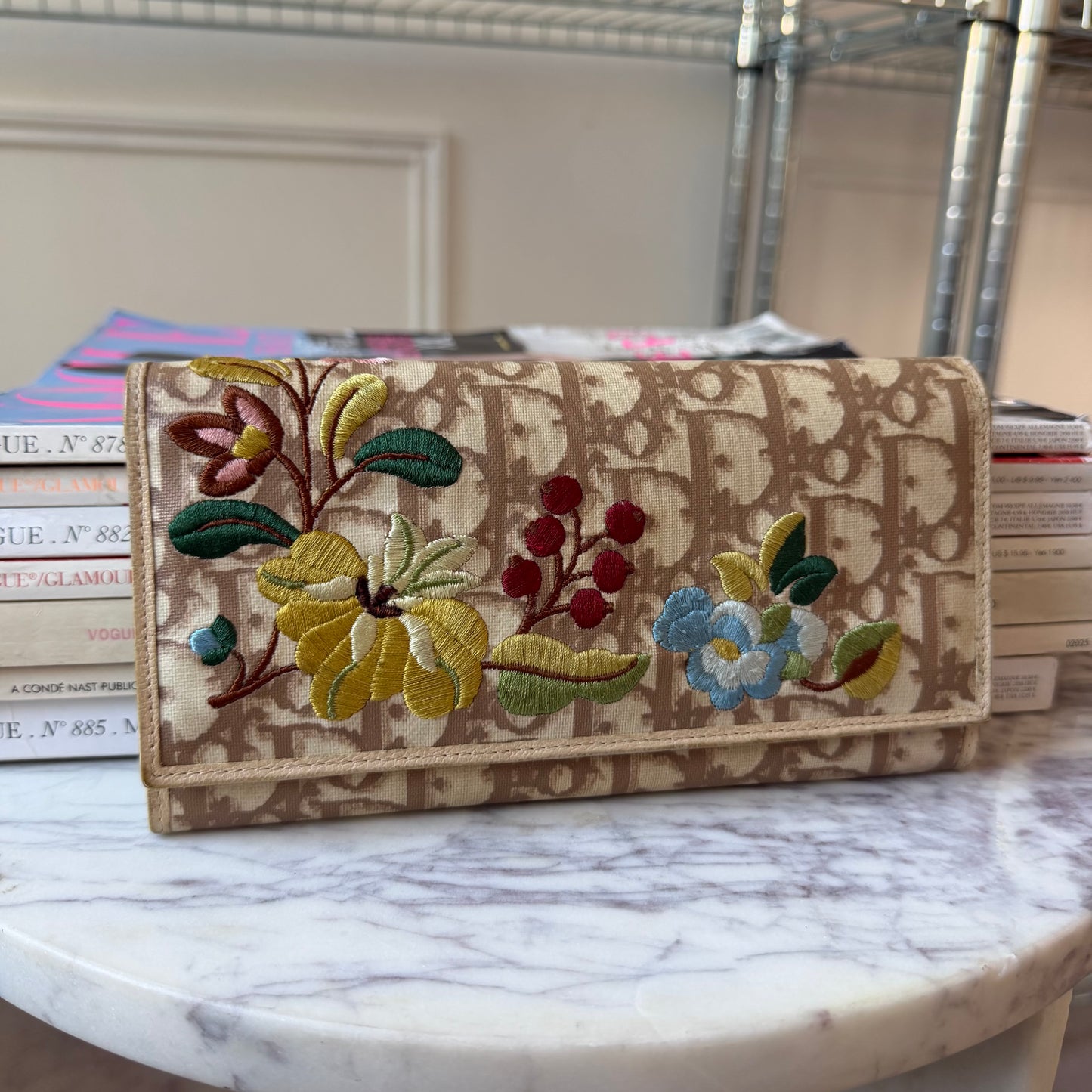 Pre-Owned White Oblique with Flowers Coated Canvas Wallet