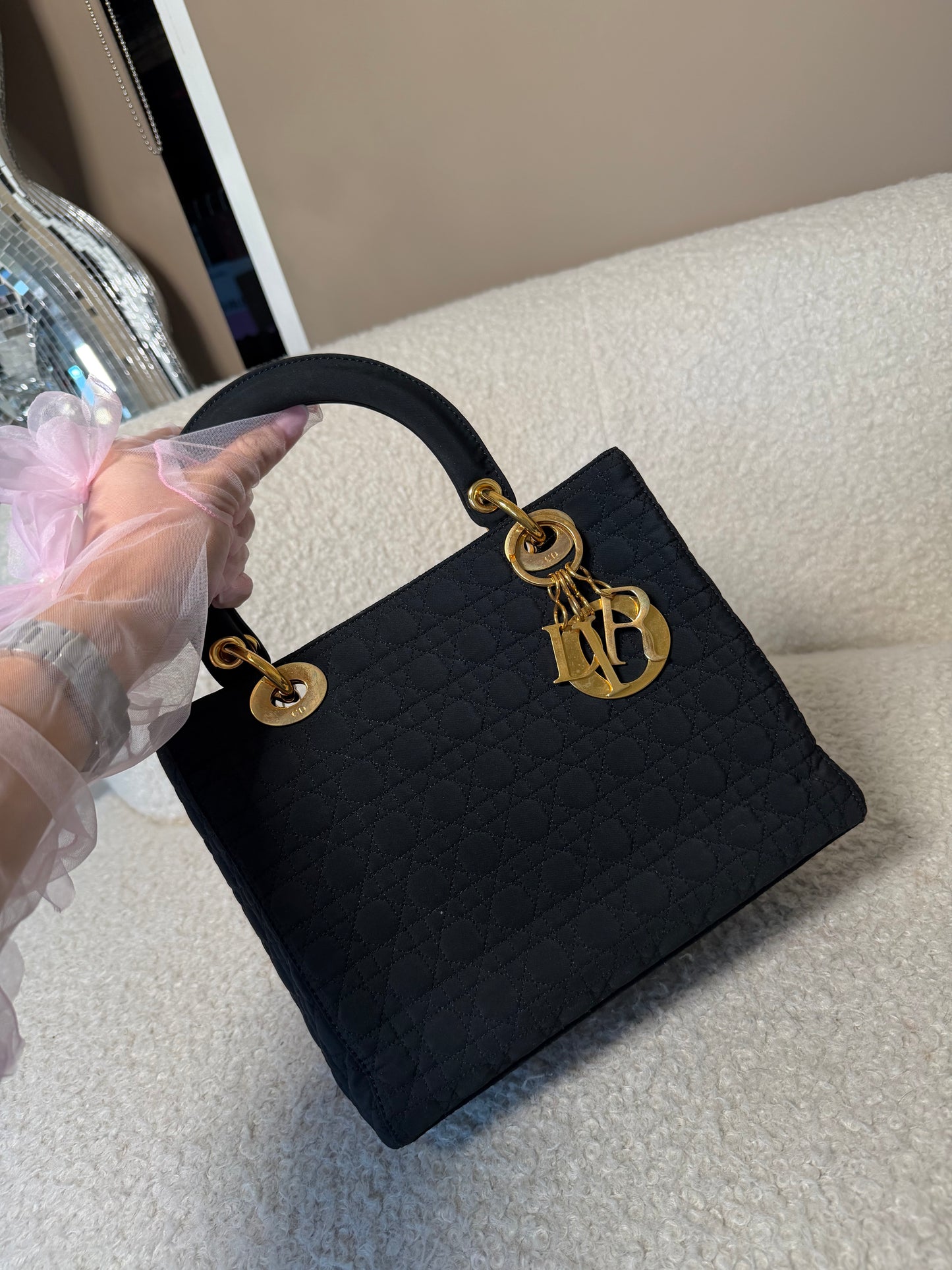 Pre-Owned Black Matelassé Cotton Medium Lady Dior