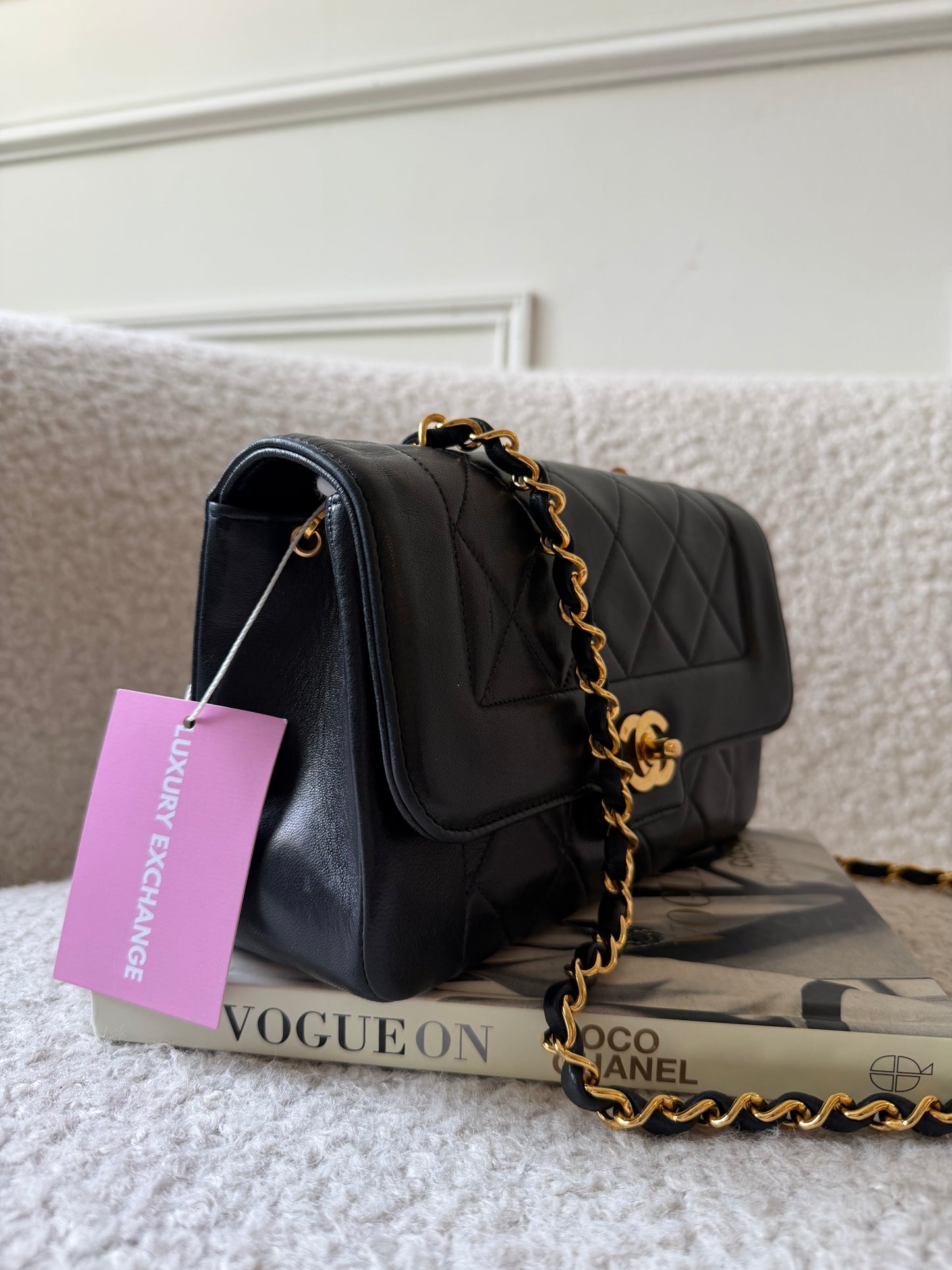 1990s Black Lambskin Leather Diana Single Flap Crossbody