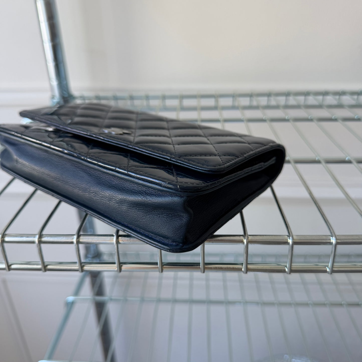 Pre-Owned Navy Patent Leather Wallet on Chain