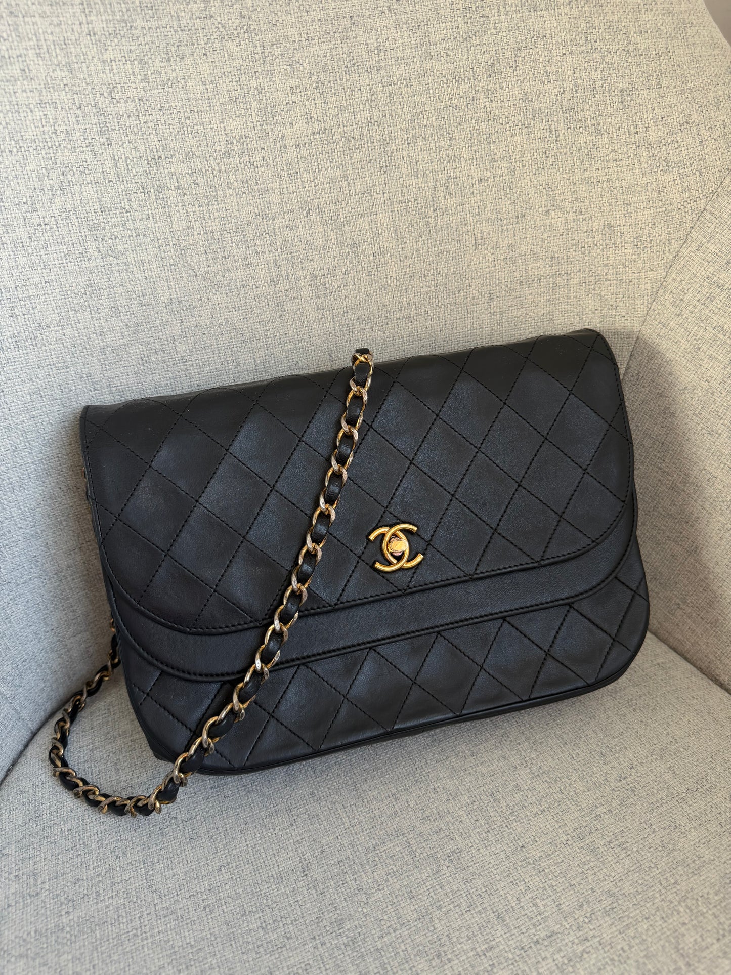 Pre-Owned Black Matelassé Lambskin Halfmoon Double Flap