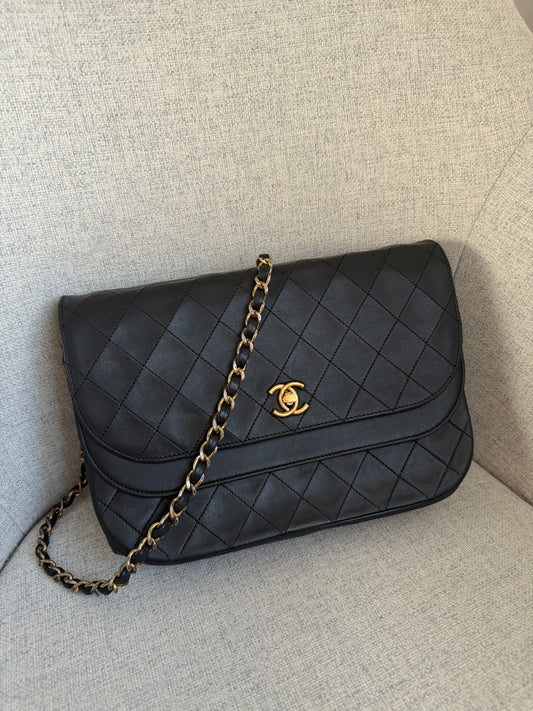 Pre-Owned Black Matelassé Lambskin Halfmoon Double Flap