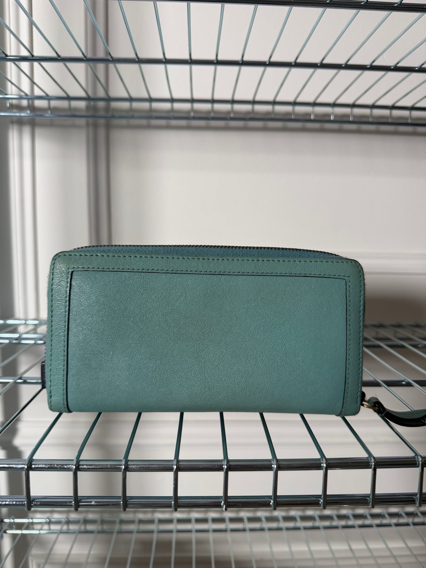 Pre-Owned Teal Bamboo Leather Zip Wallet