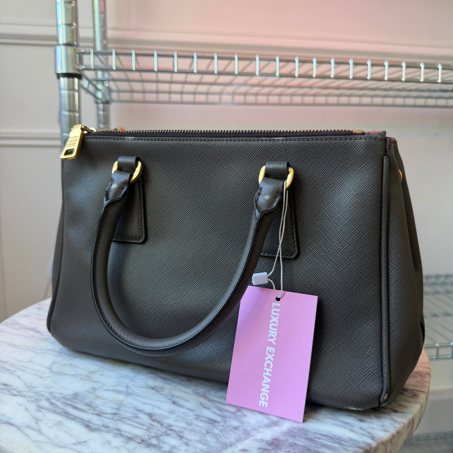 Pre-Owned Grey Saffiano Leather Small Galleria