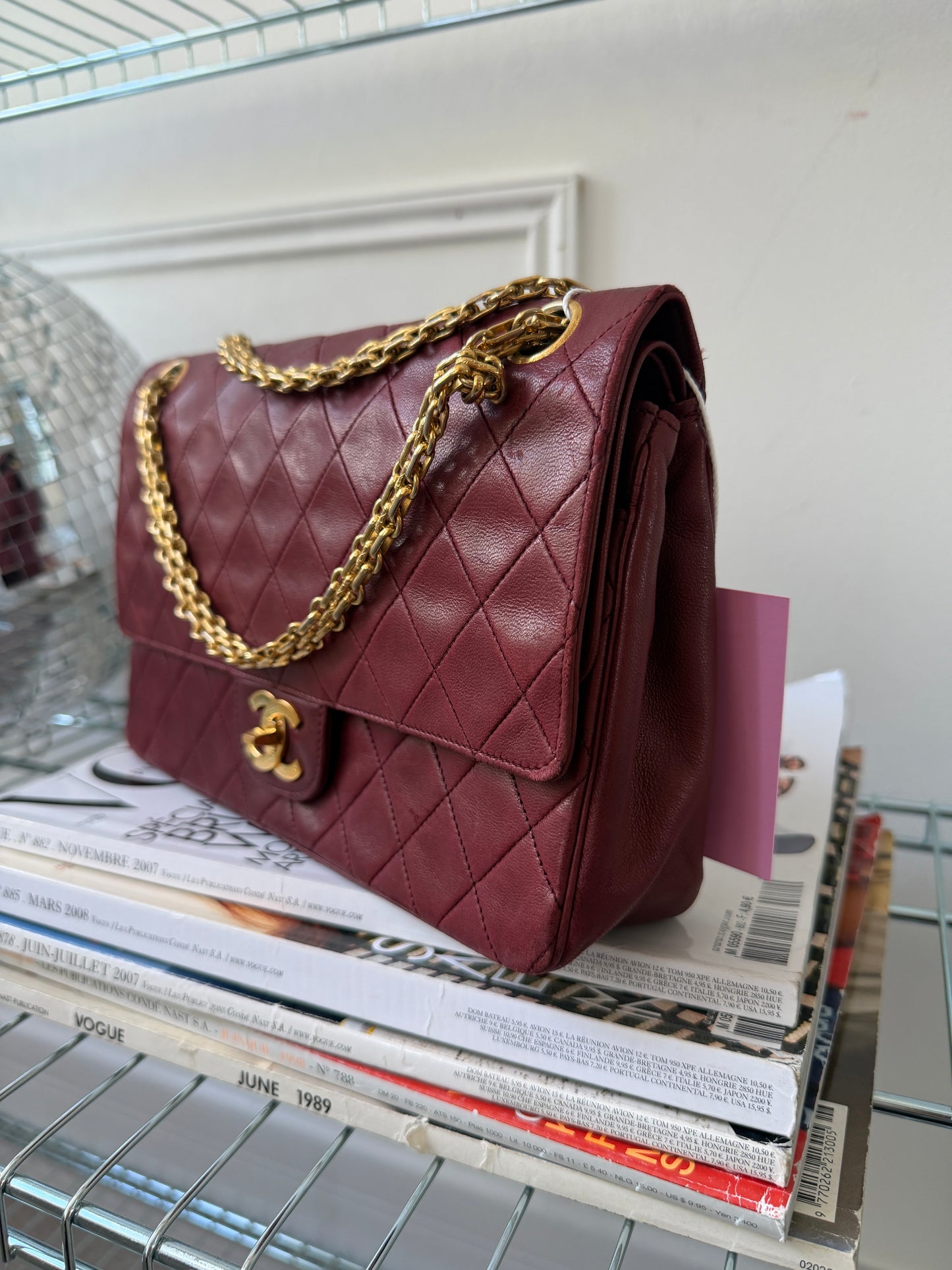 Pre-Owned Bordeaux Lambskin Double Flap Shoulder Bag