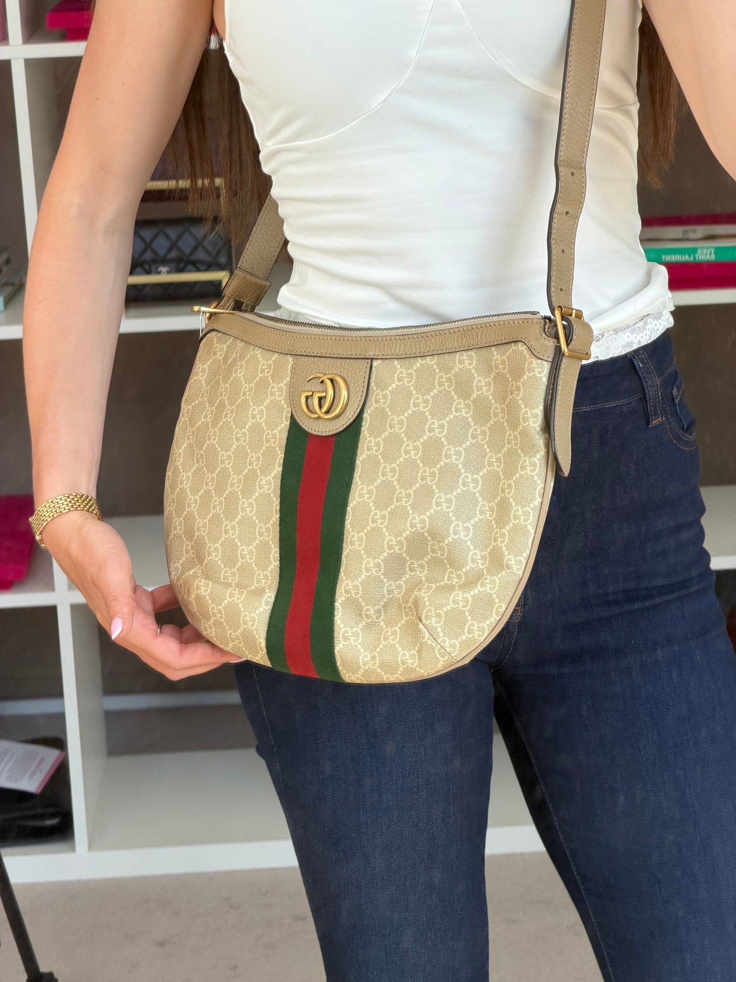 Pre-Owned Beige GG Supreme Canvas Tricolour Crossbody Bag