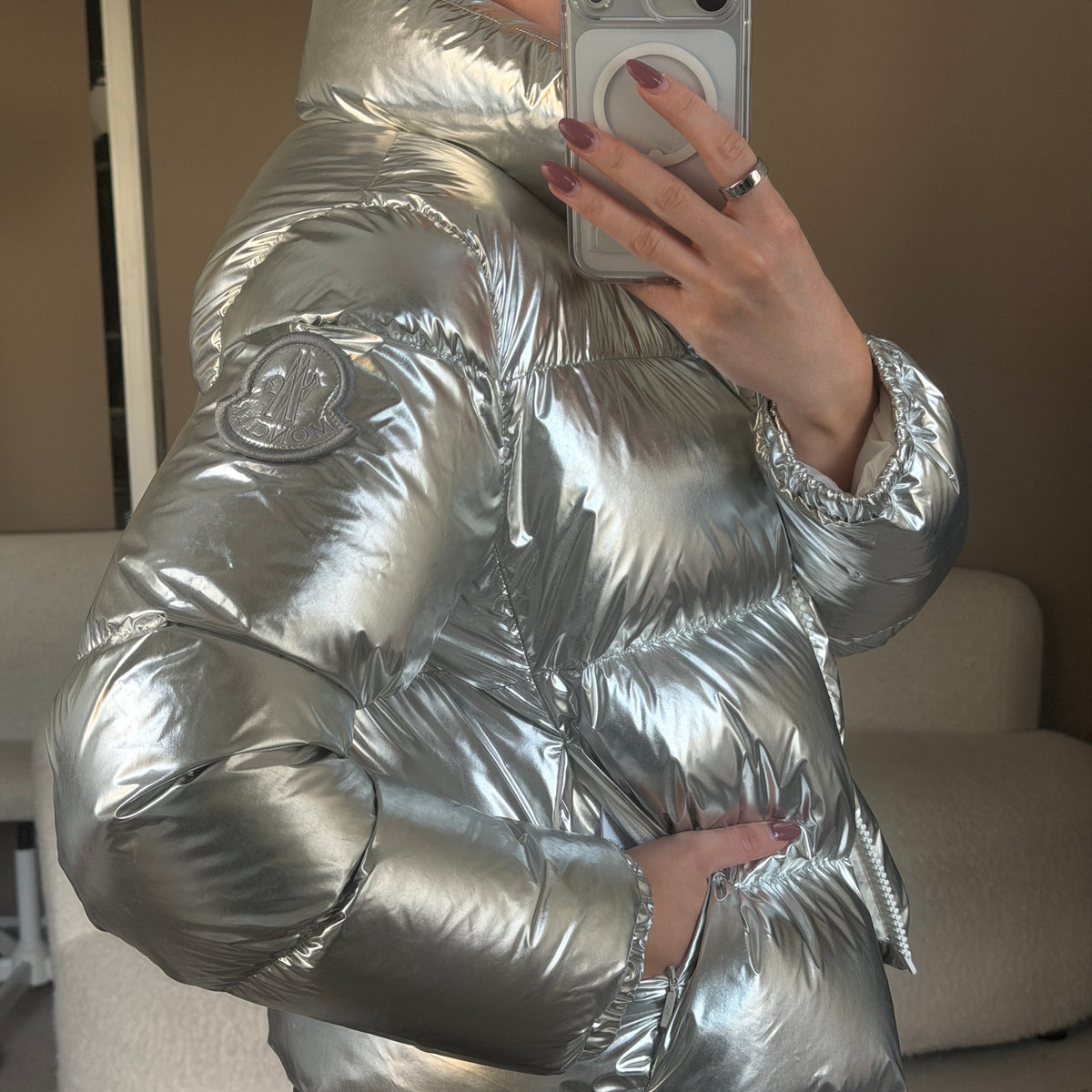 Pre-Owned Silver Metallic Down Jacket Size 0
