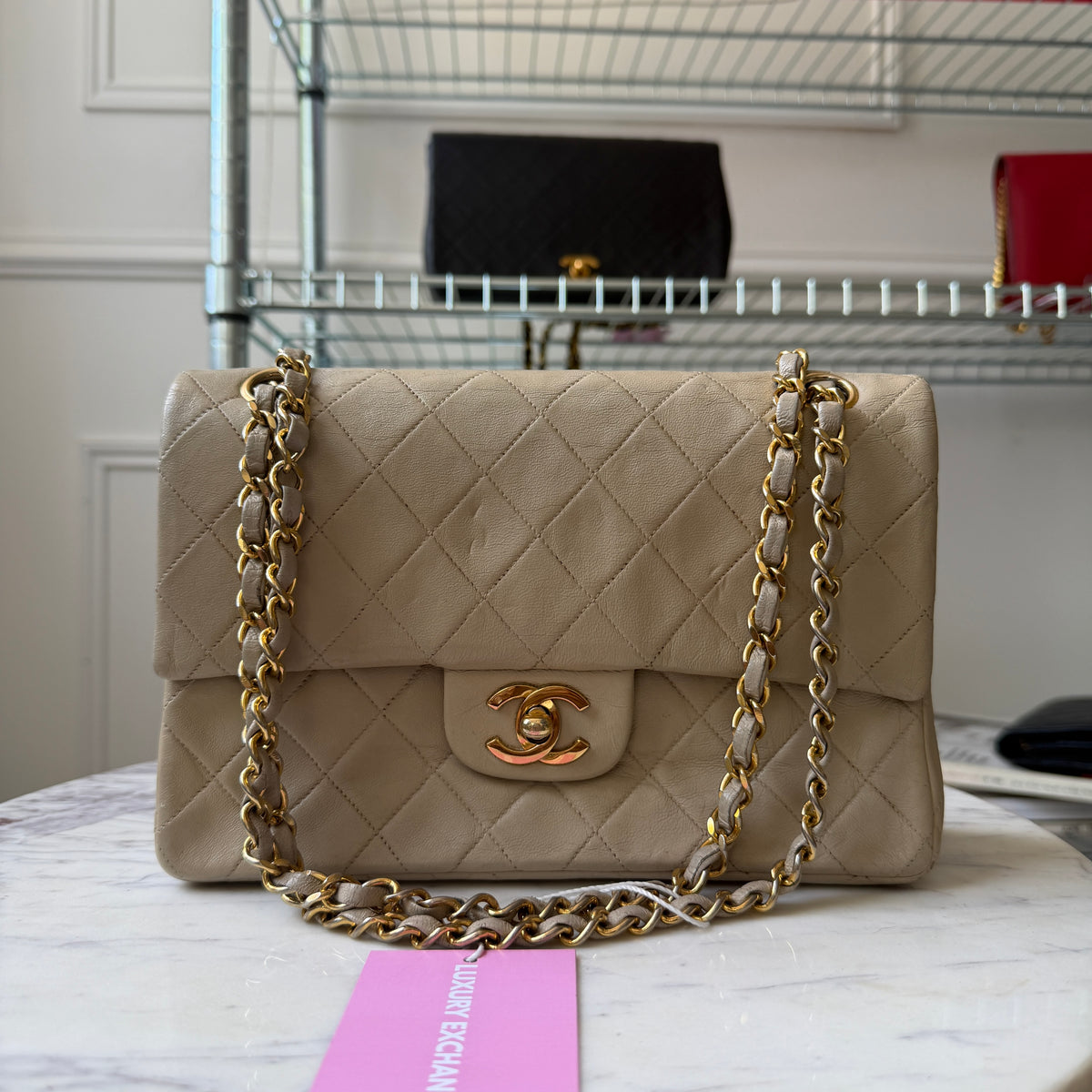 Pre-Owned Beige Matelassé Lambskin Leather Small Classic Double Flap