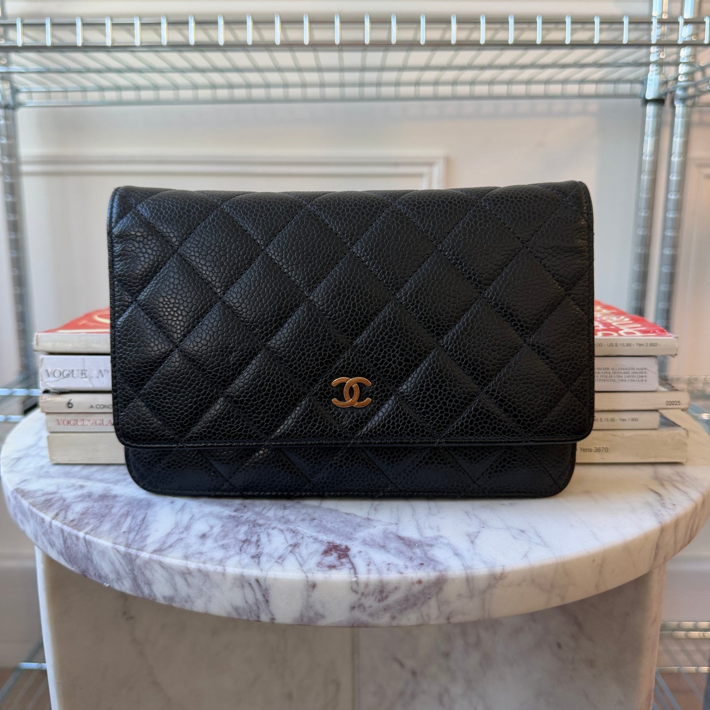 Pre-Owned Black Matelassé Caviar Leather Wallet on Chain