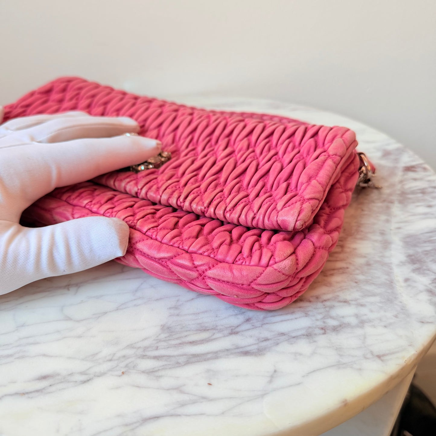 Vintage Pink Ruffled Leather Shoulder Bag with Gemstones