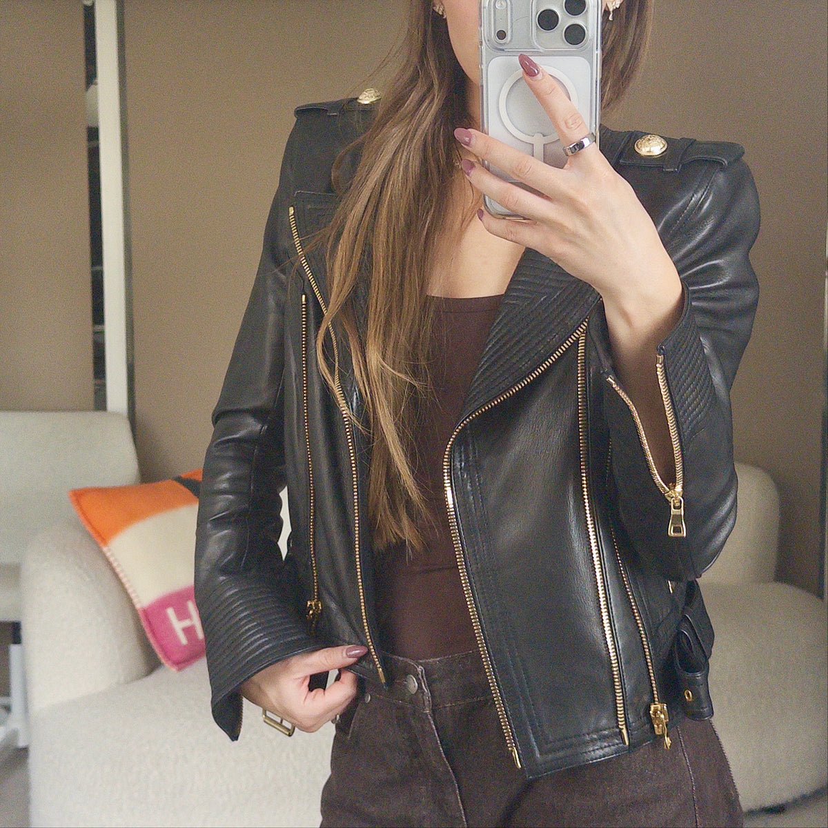 Pre-Owned Black/Gold Detail Leather Jacket (36)