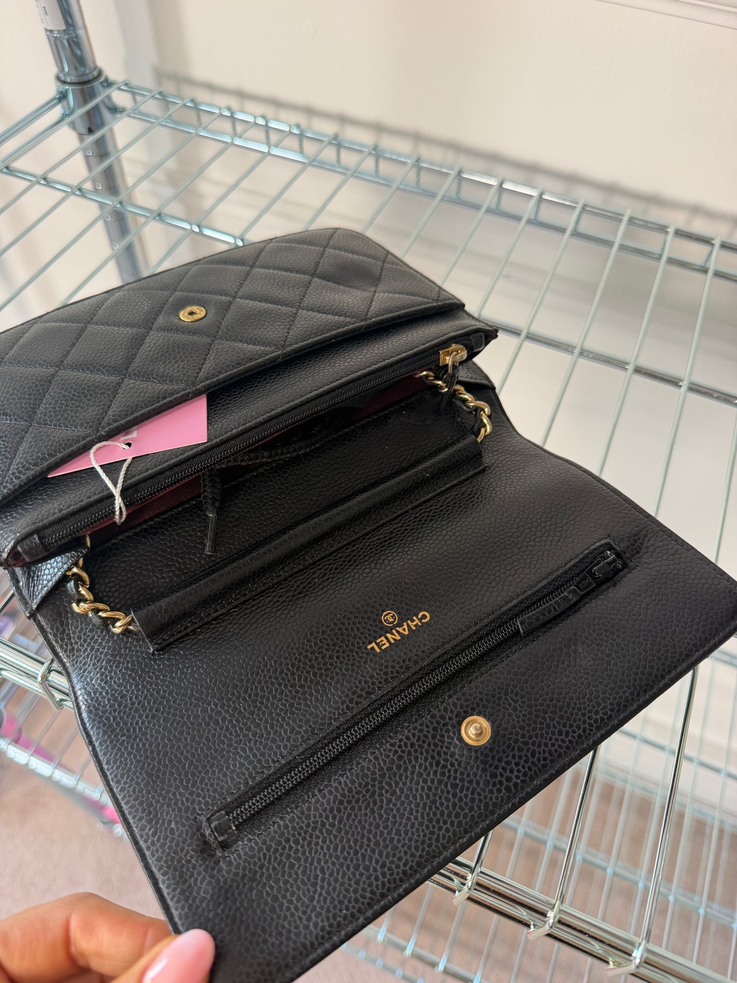 Pre-Owned Black Matelassé Caviar Leather Wallet on Chain