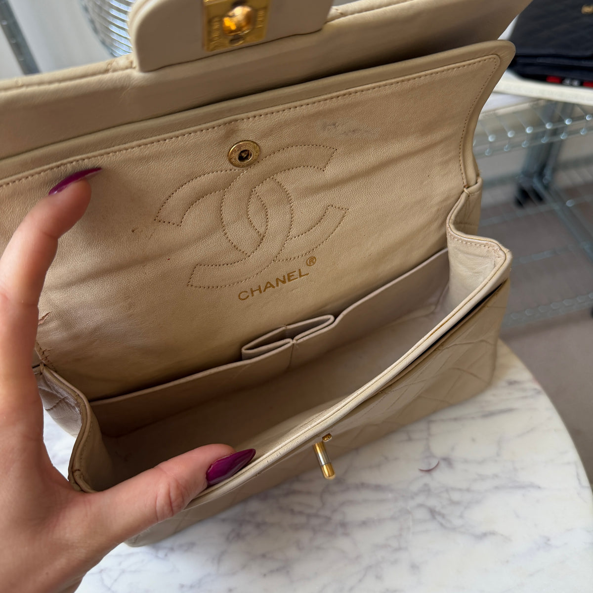 Pre-Owned Beige Matelassé Lambskin Leather Small Classic Double Flap