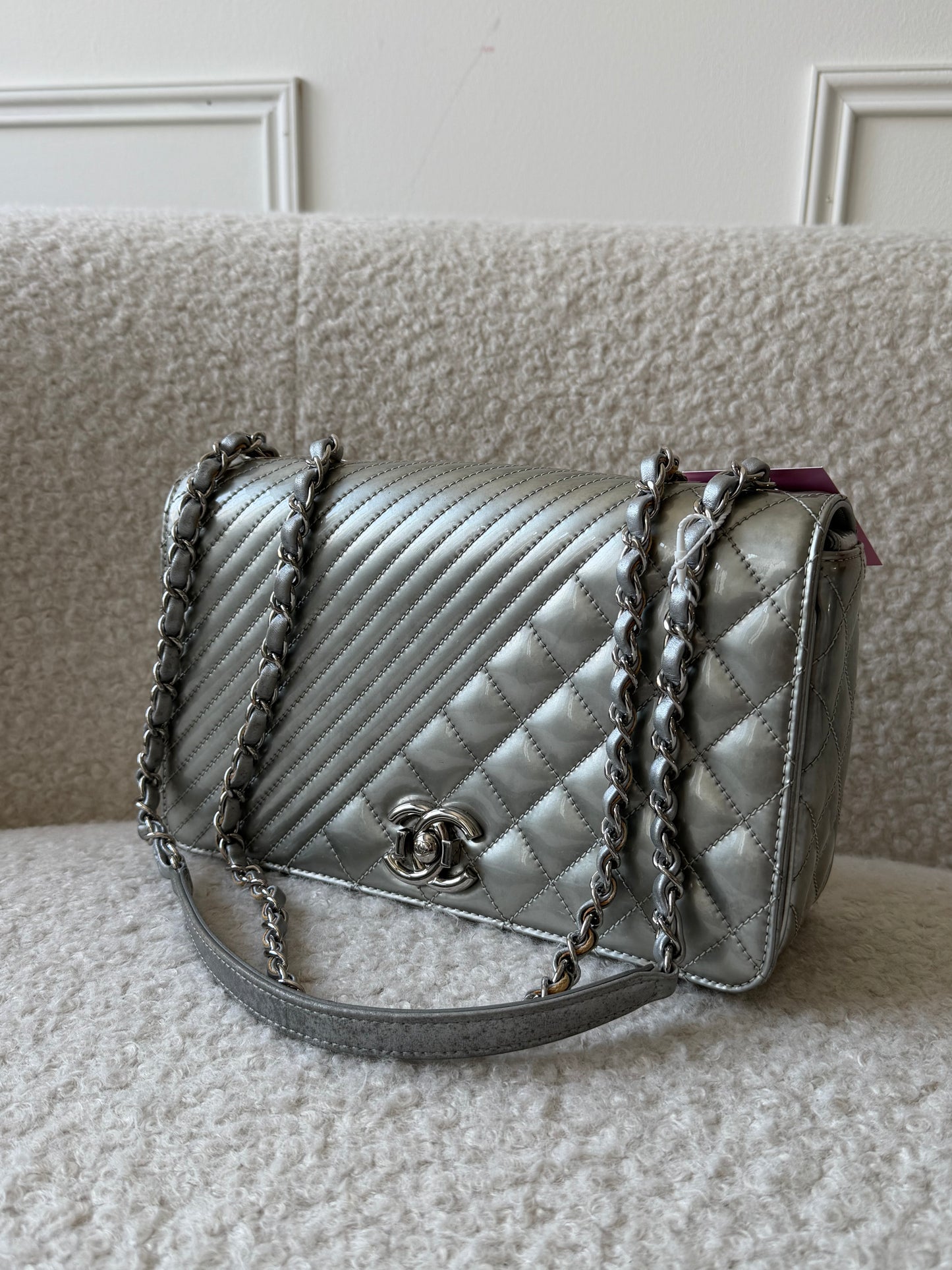 Silver Metallic Patent Single Flap Crossbody Handbag