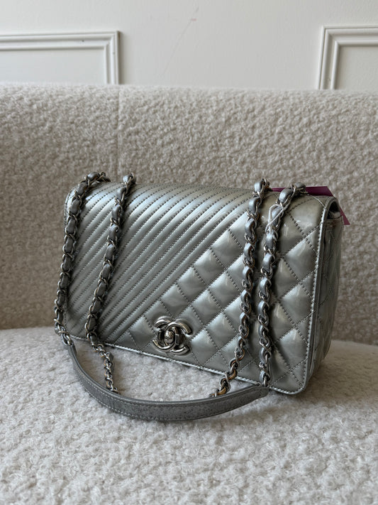 Silver Metallic Patent Single Flap Crossbody Handbag