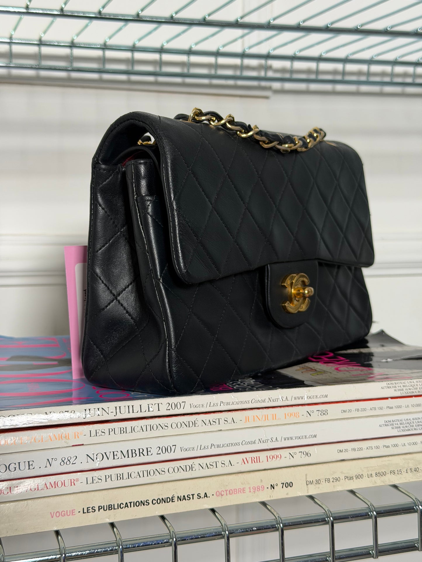 Pre-Owned Black Matelassé Lambskin Small Classic Double Flap Shoulder Bag