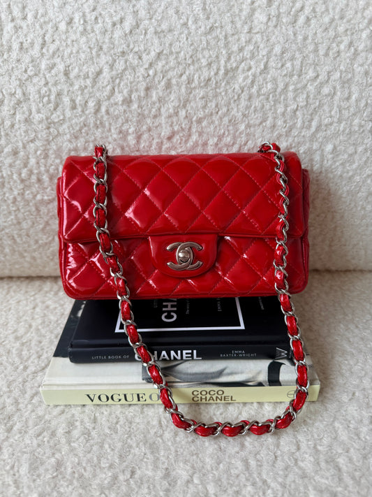 2014 Red Patent Mini Rectangle Classic Flap Silver Tone Hardware