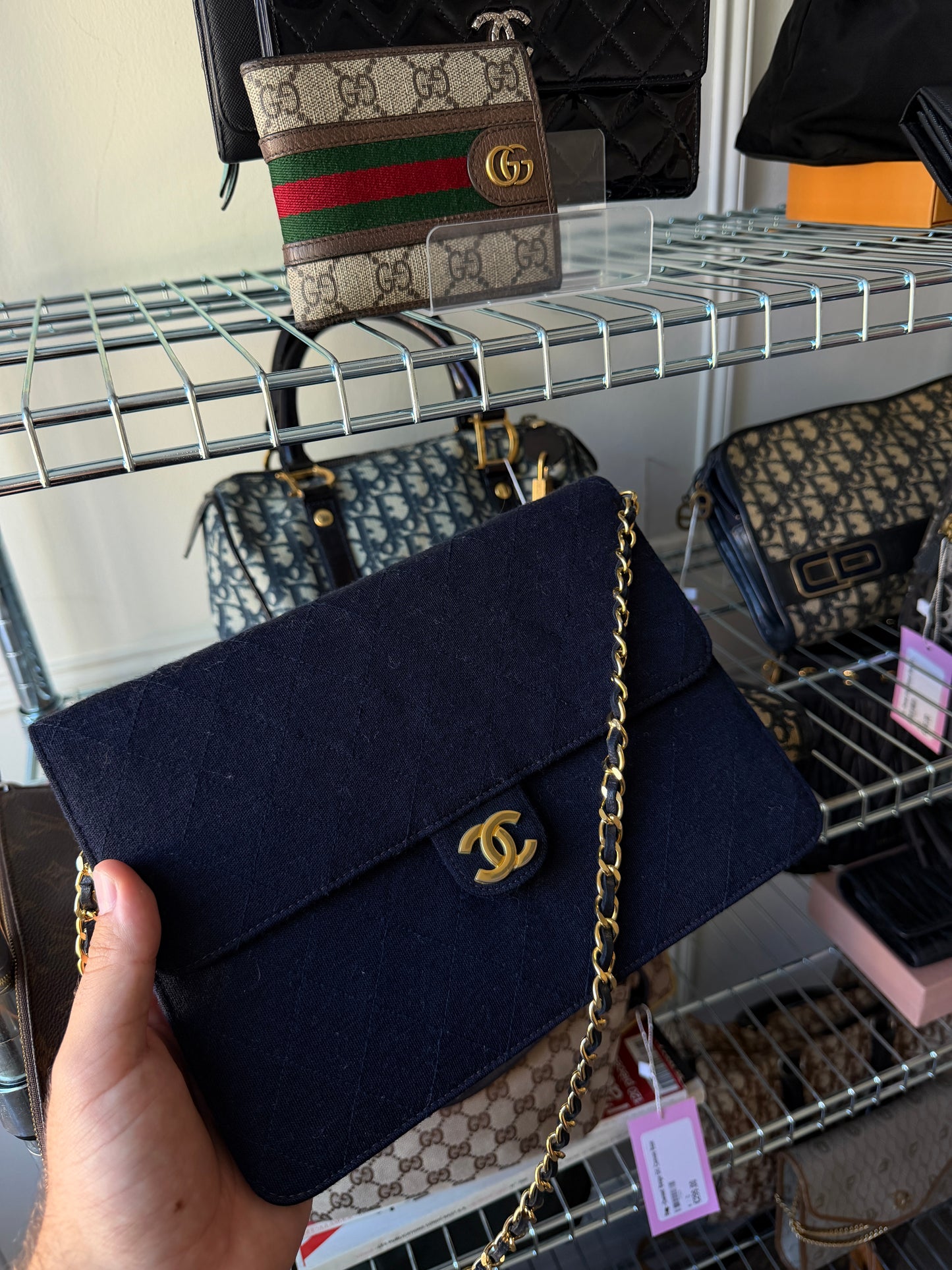 Pre-Owned Navy Cotton Single Flap Shoulder Bag