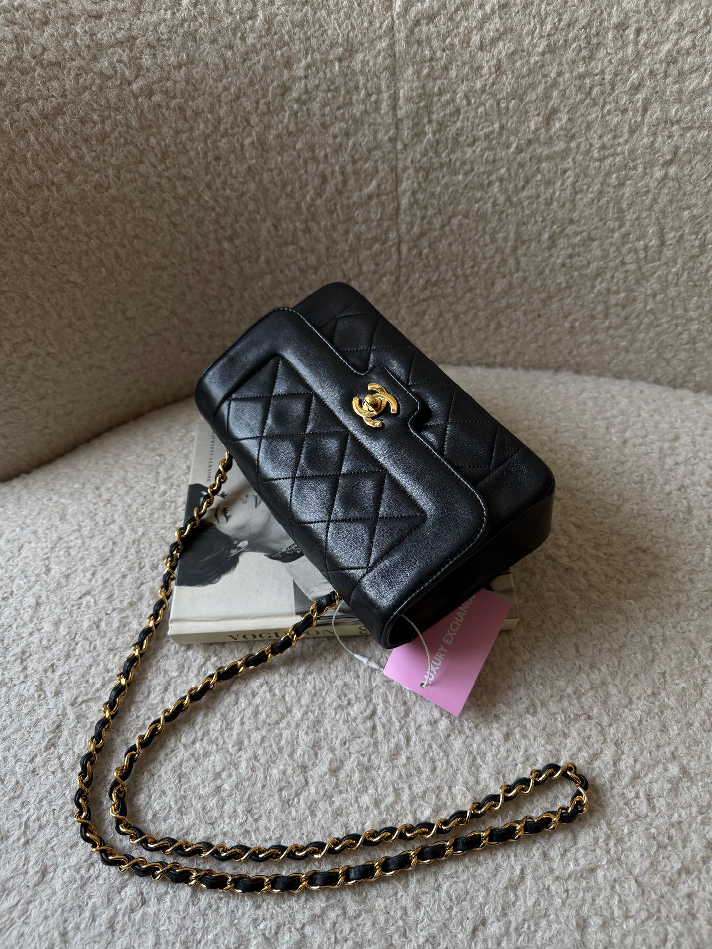 1990s Black Lambskin Leather Diana Single Flap Crossbody