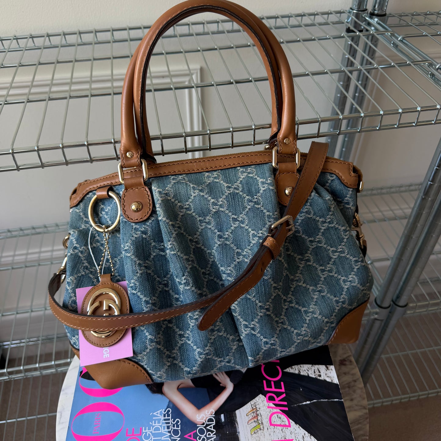 Pre-Owned Blue GG Denim/Leather Crossbody Sukey Tote Bag