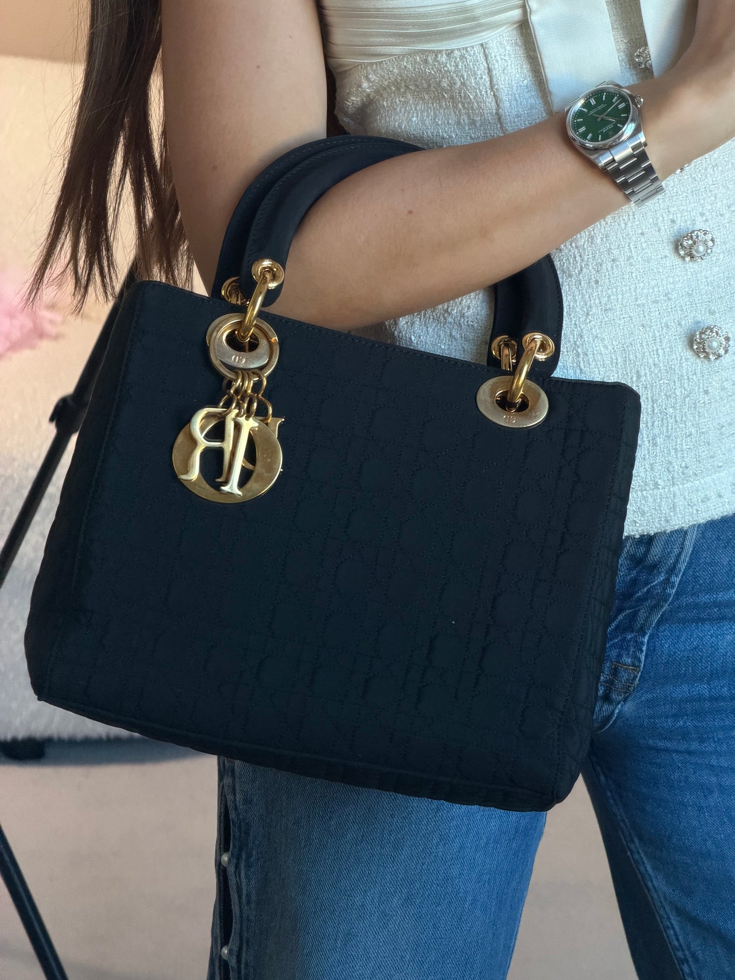 Pre-Owned Black Matelassé Cotton Medium Lady Dior