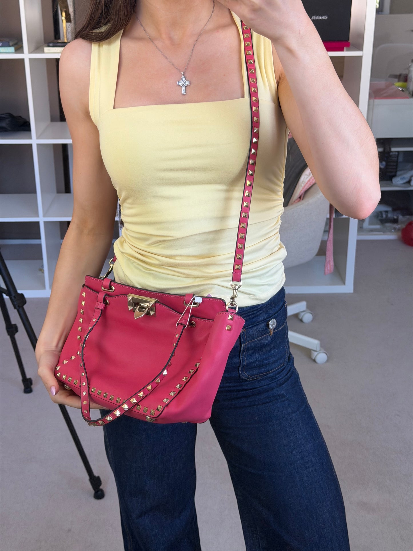 2000s Rouge Leather Rockstud Tote Handbag