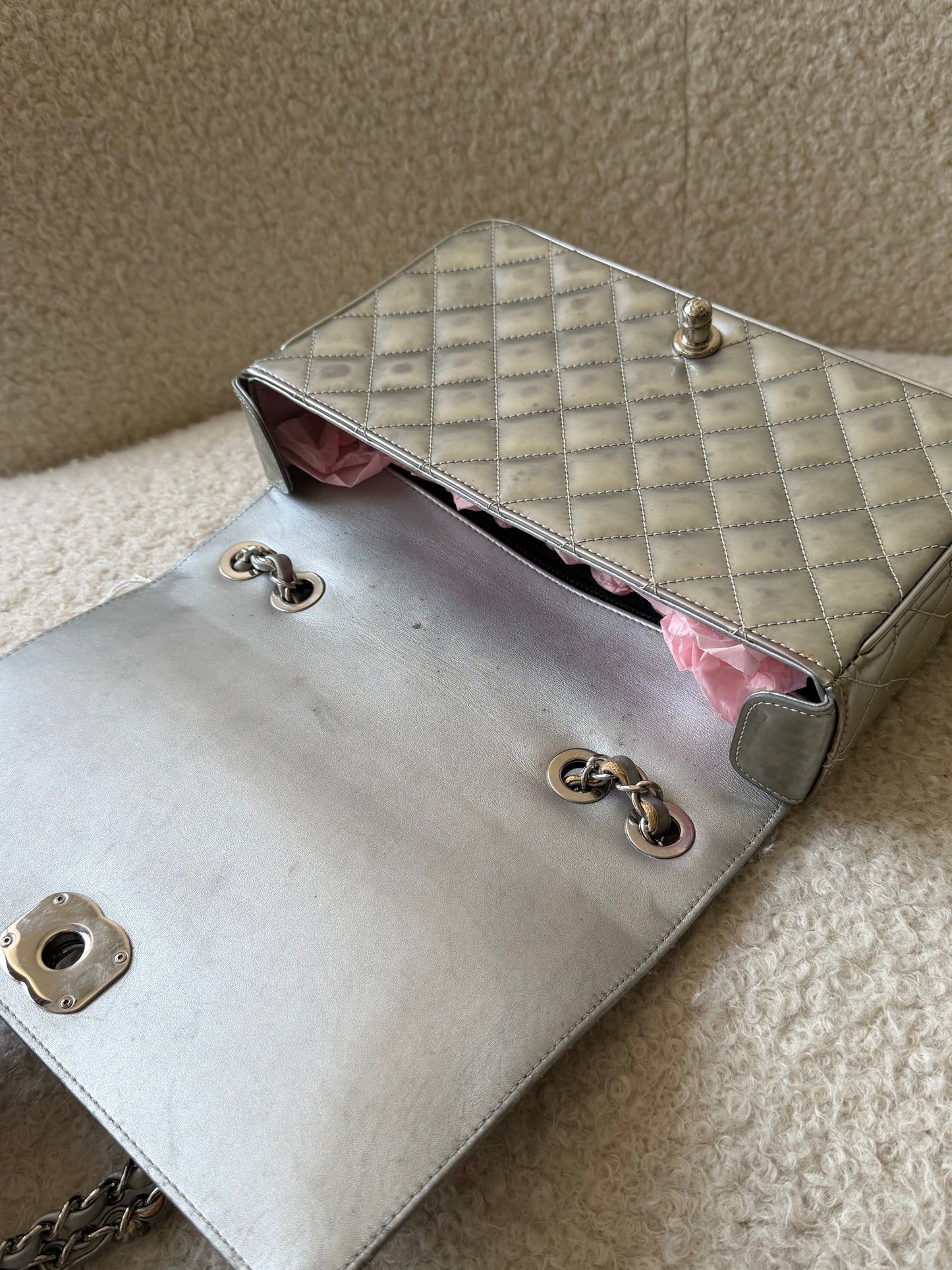 Silver Metallic Patent Single Flap Crossbody Handbag