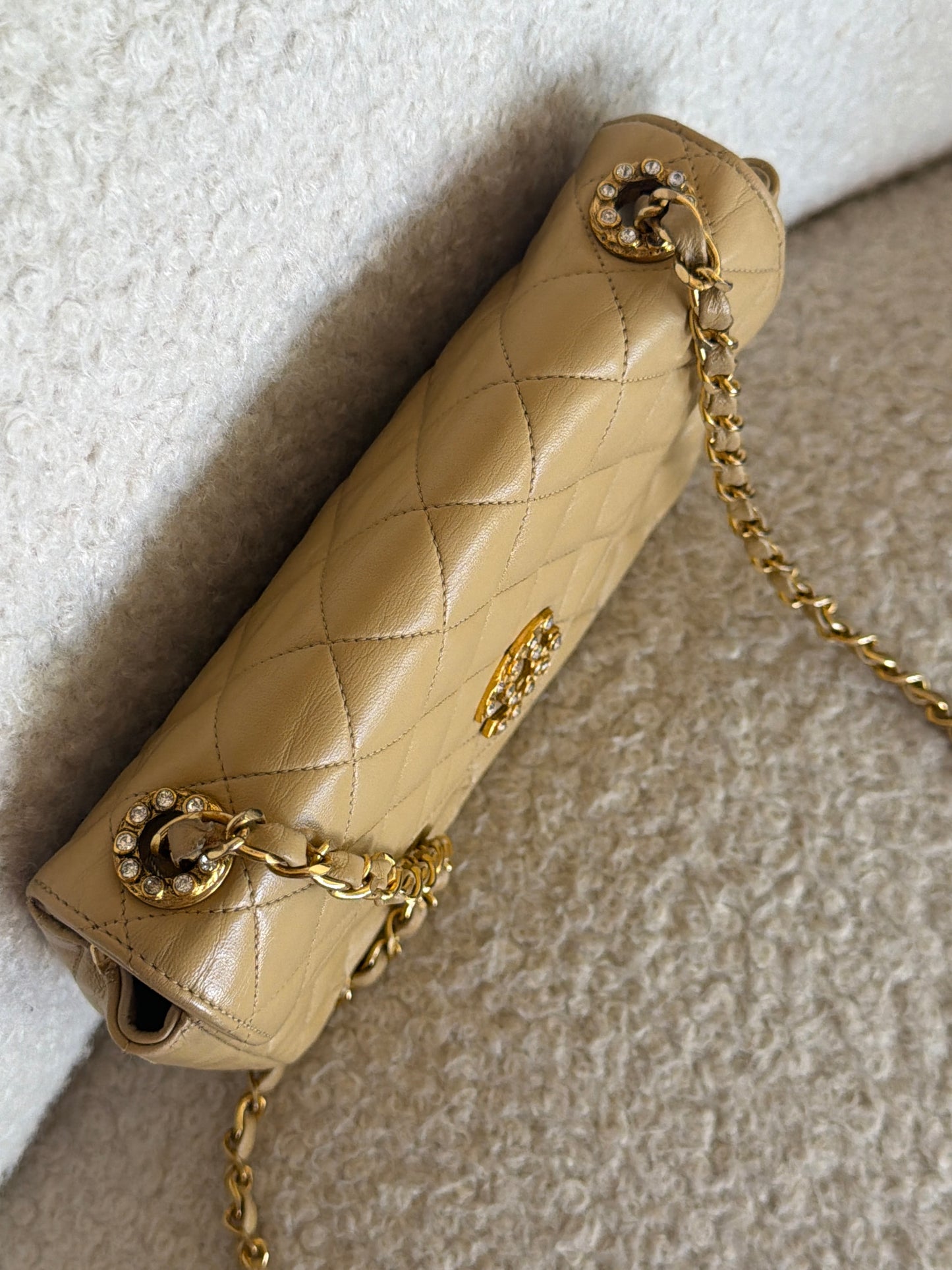 Pre-Owned Beige Jewelled Lambskin Single Flap Shoulder Bag
