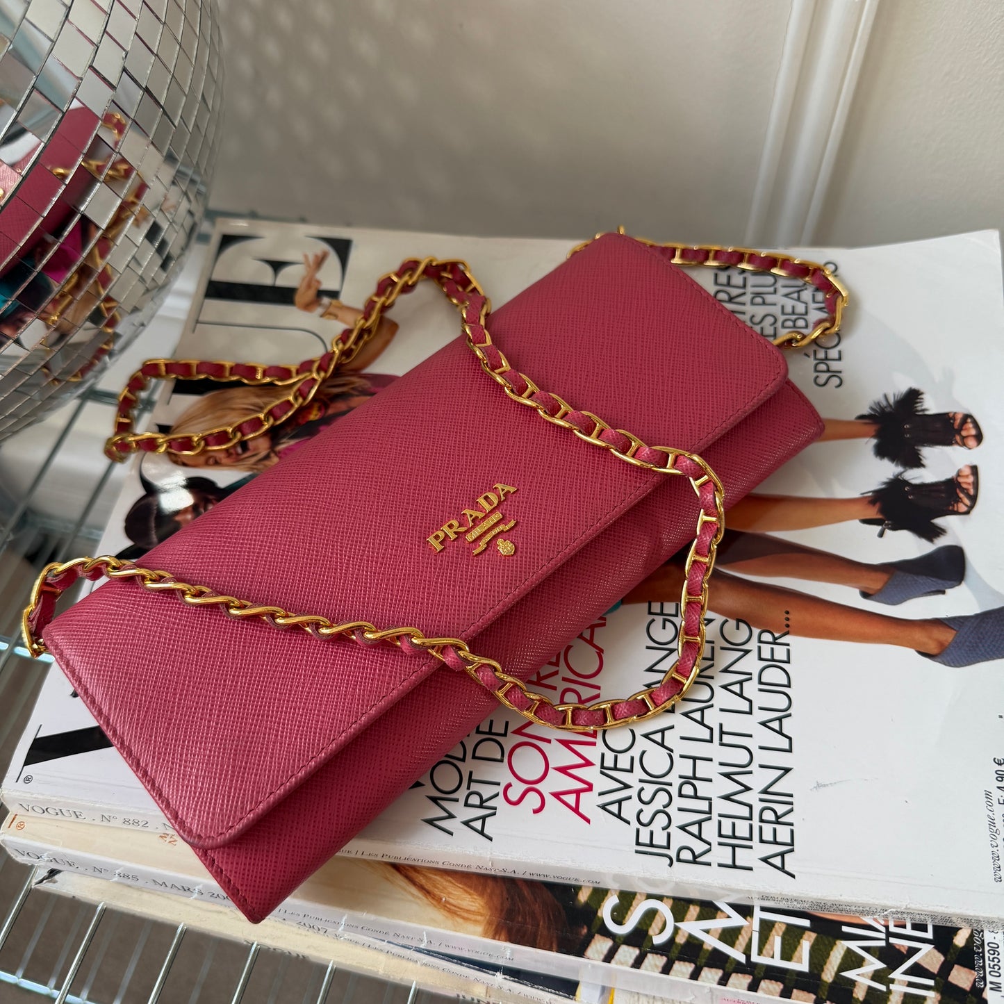Pre-Owned Pink Saffiano Leather Wallet on Chain