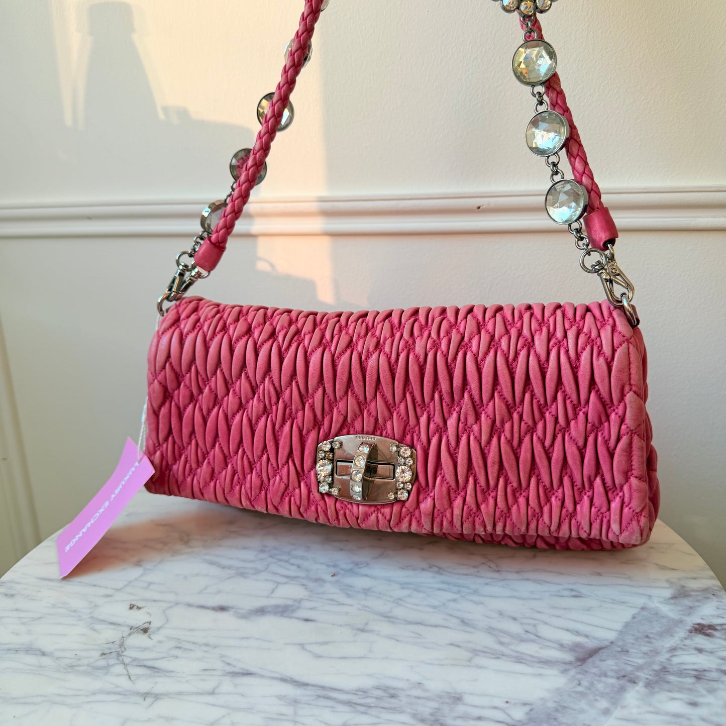 Vintage Pink Ruffled Leather Shoulder Bag with Gemstones