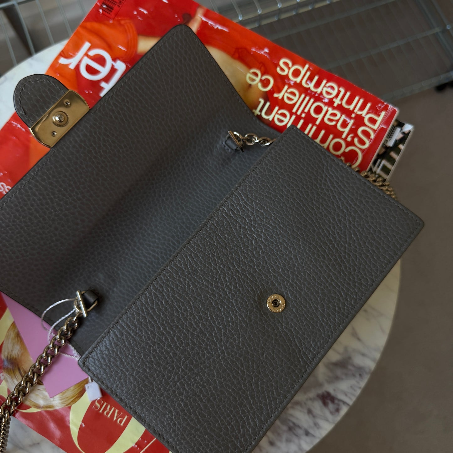 Pre-Owned Grey GG Leather Wallet on Chain