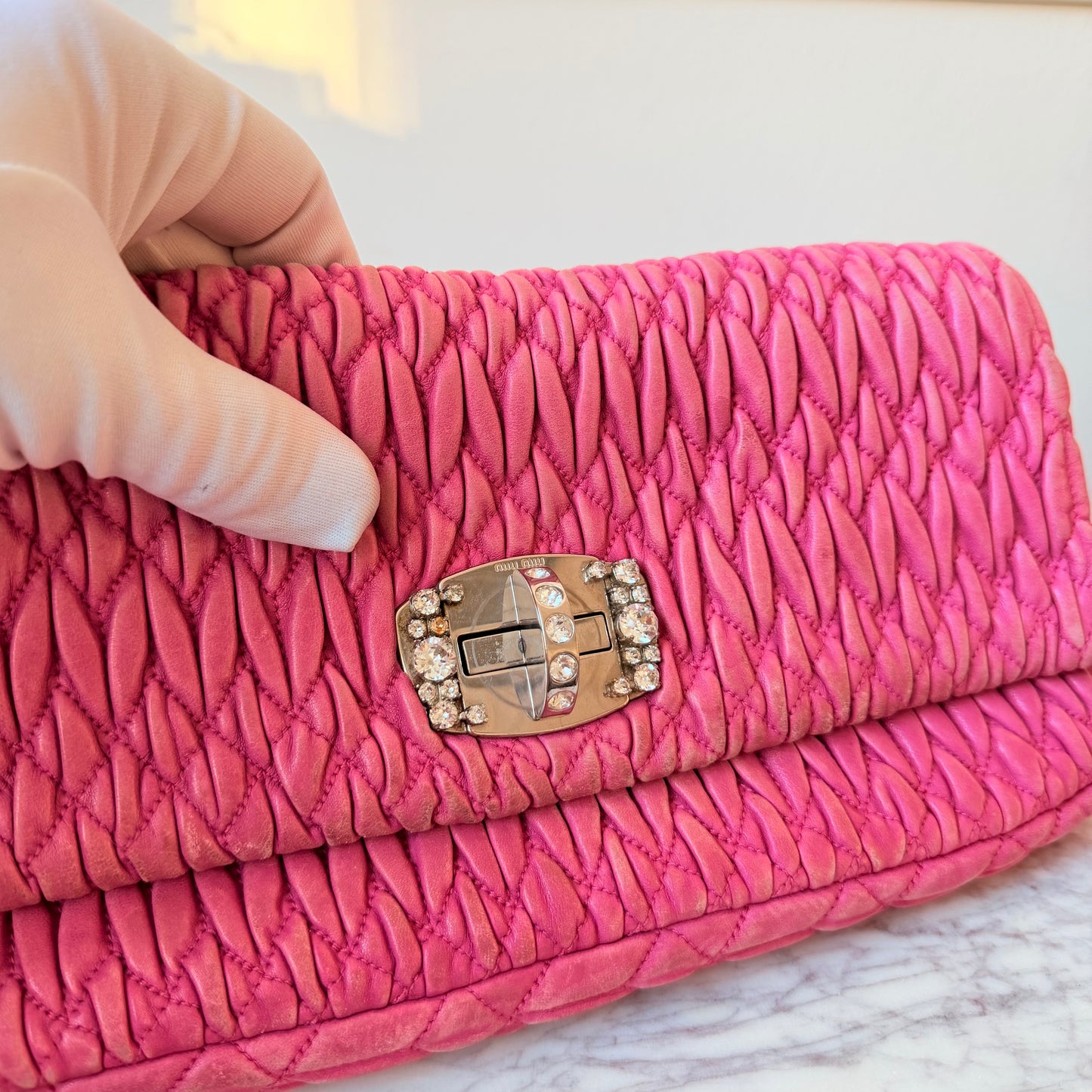Vintage Pink Ruffled Leather Shoulder Bag with Gemstones