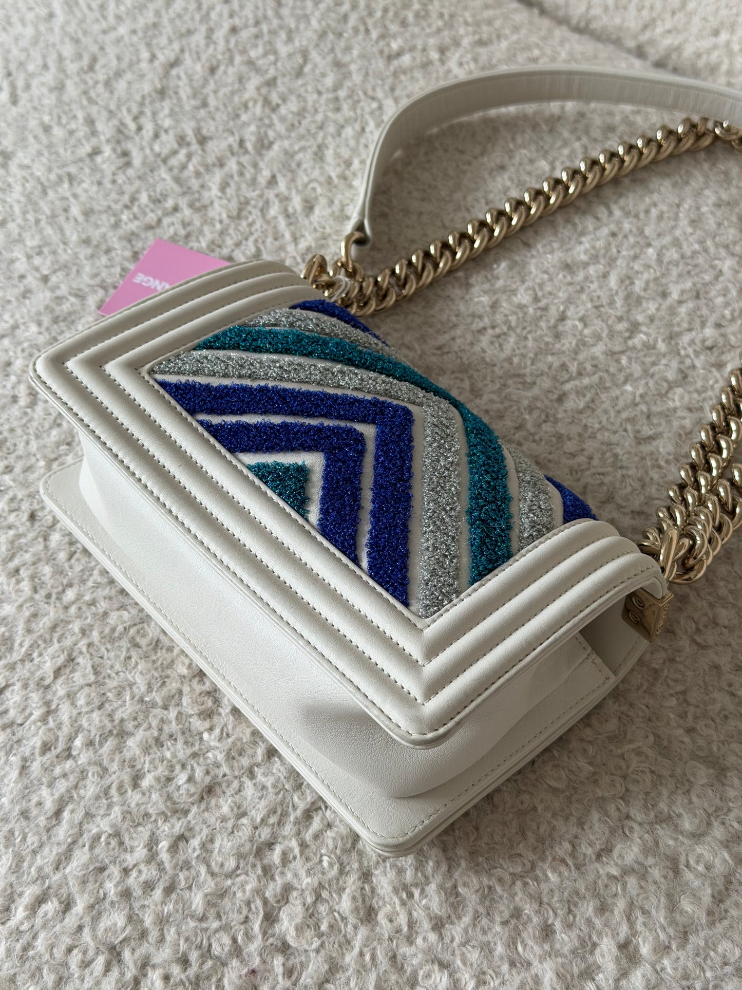 Pre-Owned White/Blue Lambskin Leather Boy Mini Single Flap