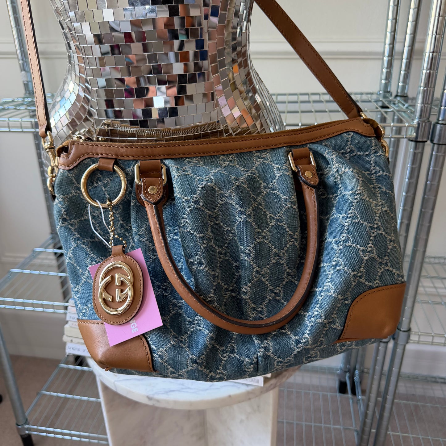 Pre-Owned Blue GG Denim/Leather Crossbody Sukey Tote Bag