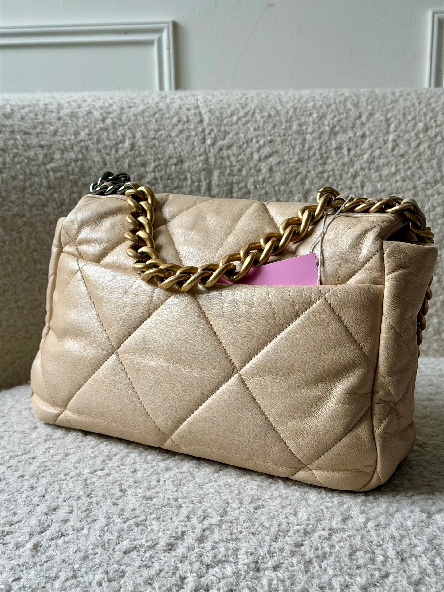 Beige Lambskin Leather 19 Single Flap Crossbody Bag