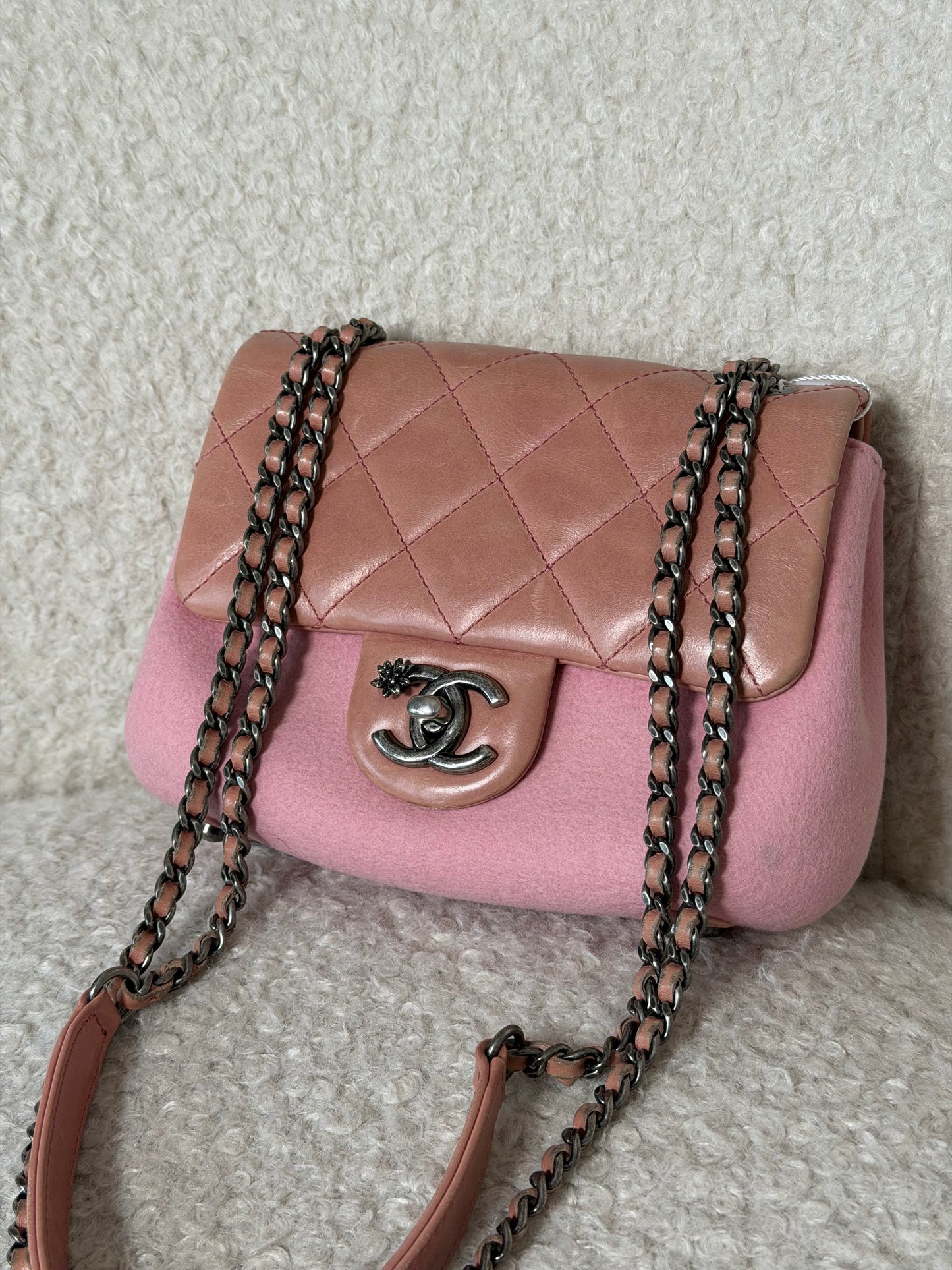 Pre-Owned Pink Lambskin Leather/Fabric Mini Square Crossbody