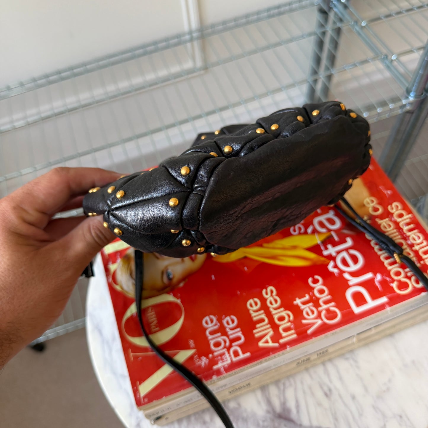 Pre-Owned Black Gold Studded Leather Bucket Bag