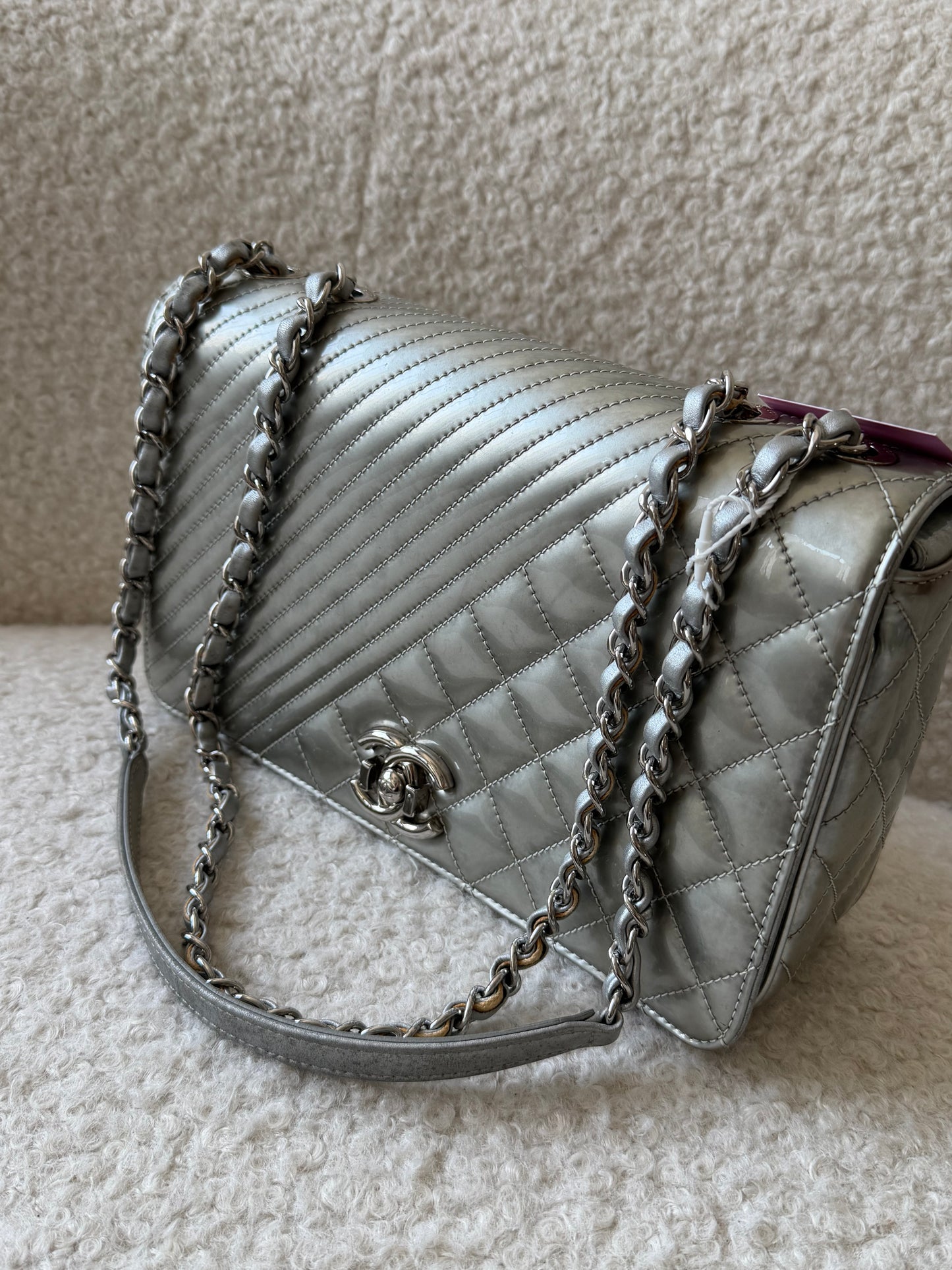 Silver Metallic Patent Single Flap Crossbody Handbag
