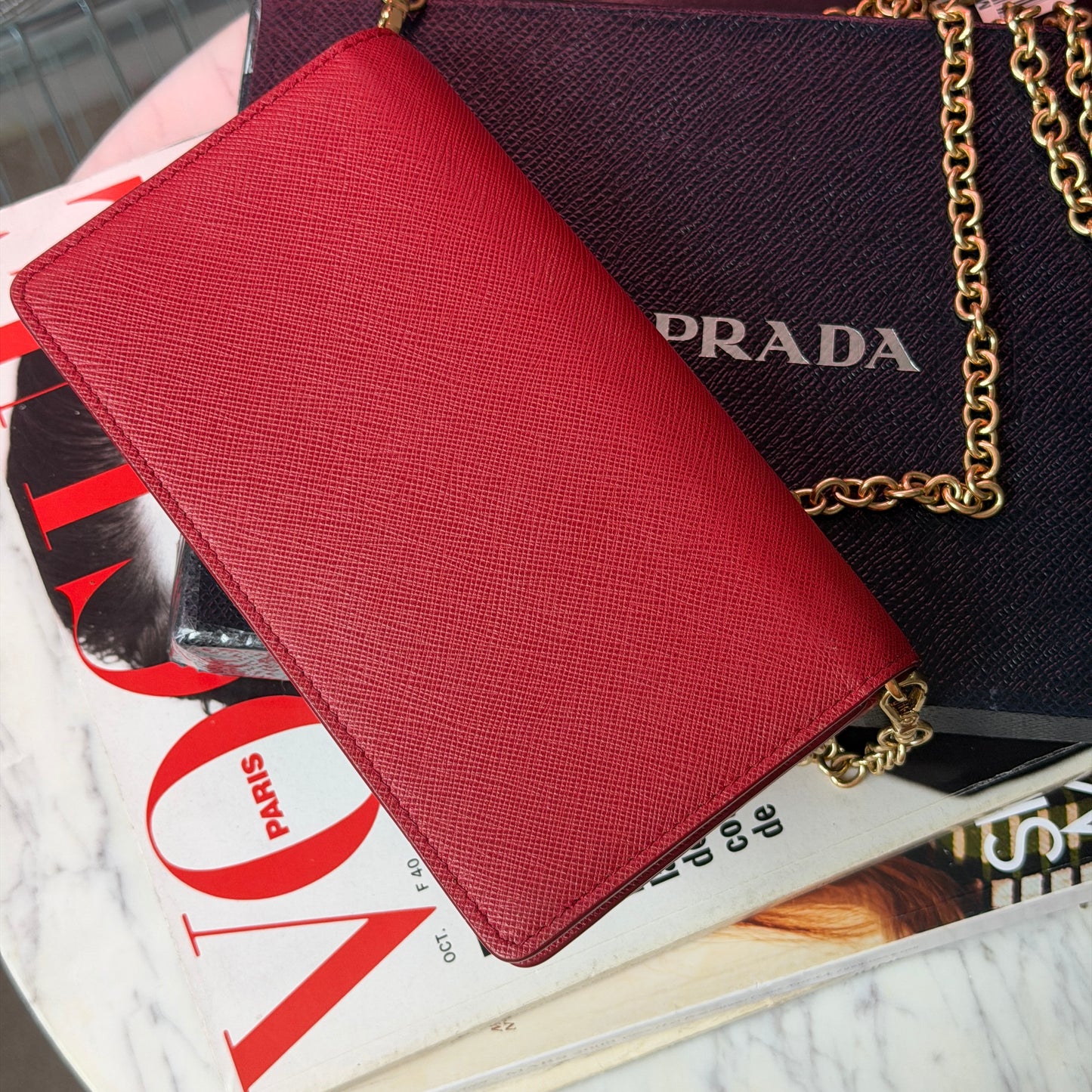 Pre-Owned Red Saffiano Leather Wallet on Chain