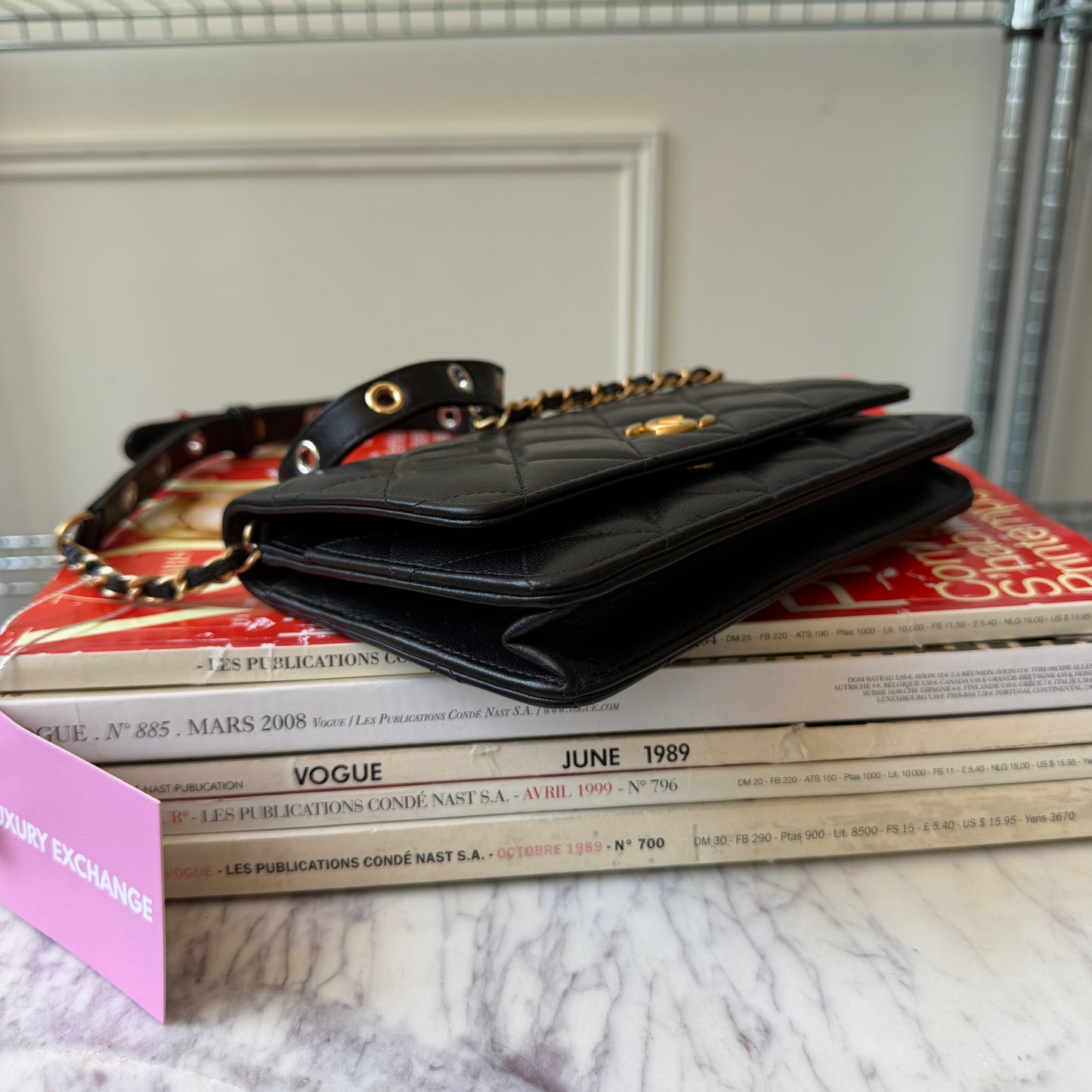 Pre-Owned Black Matelassé Lambskin 'Grommet' Wallet on Chain