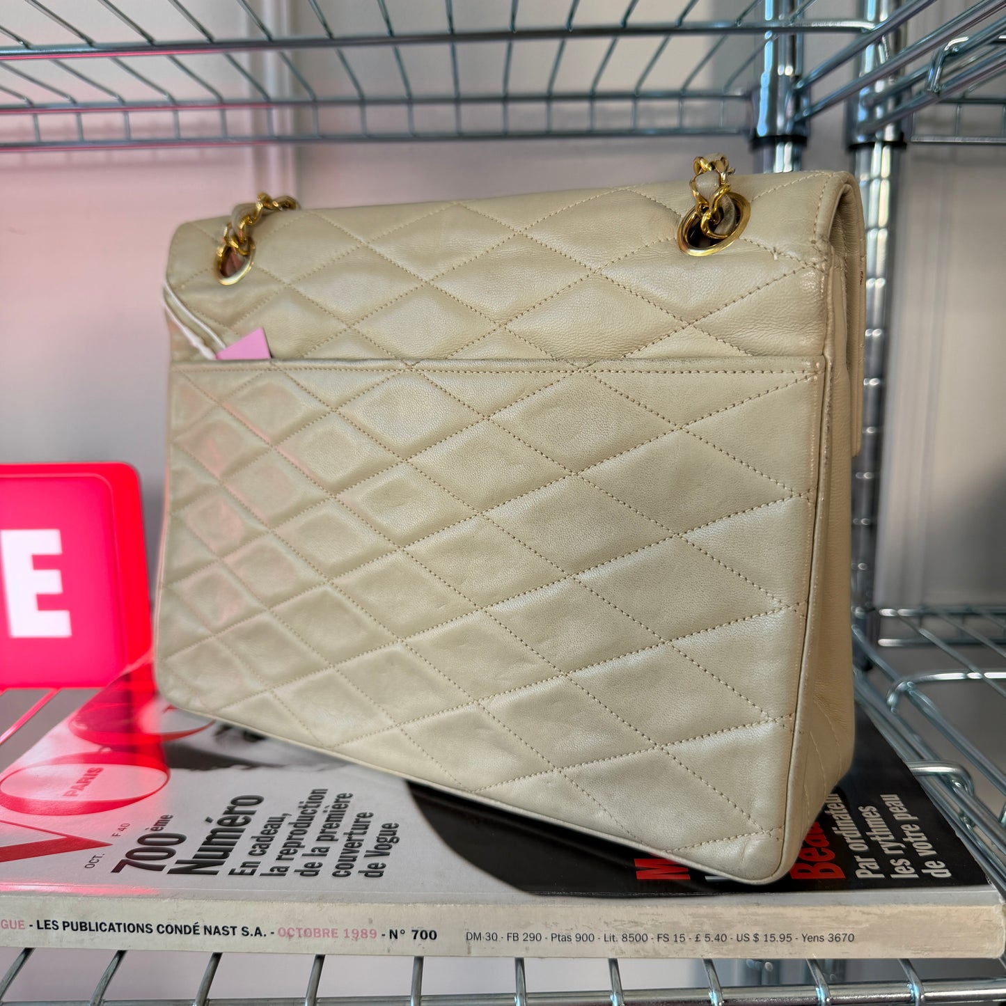 Pre-Owned Beige Lambskin Single Flap Shoulder Bag